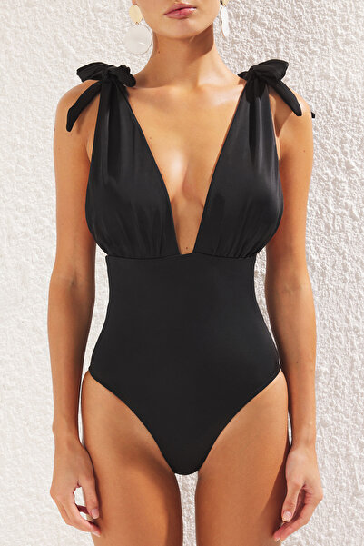 Trendyol Collection Μαύρο*001 Απλό μαγιό Deep V Strap