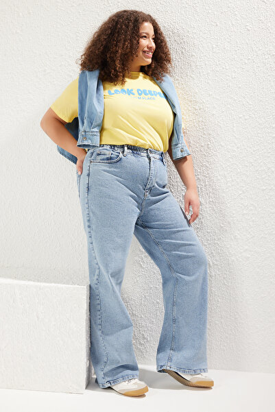 Trendyol Curve Modré pohodlné džíny s vysokým pasem a elastickým pasem velké velikosti se širokými nohavicemi