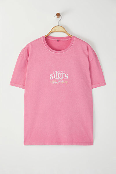 Trendyol Collection Ροζ Unisex Oversize/Wide Cut, ξεθωριασμένο εφέ Eagle, 100% βαμβακερό μπλουζάκι TMNSS24TS00006