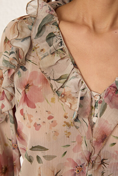 Trendyol Collection Többszínű Boho Chiffon áttetsző virágos fodros szőtt ing TWOSS25GO00063