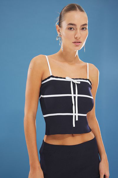 Trendyol Collection Navy Blue Striped Knitwear Blouse and Skirt Set - Ribbon Detail, Twoss25Au00063