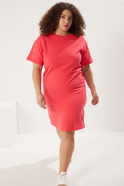 Trendyol Curve Pomegranate Flower Crew Neck 2 Yarn Knitted Plus Size Dress Tbbss25Ah00131