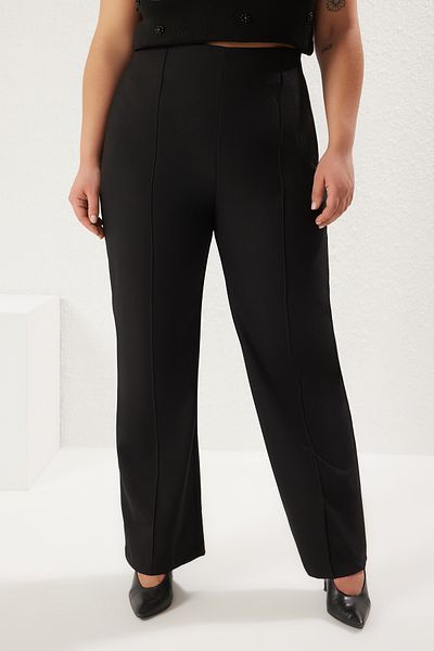 Trendyol Curve Black Ribbed Wide Leg Rubber Waisted Plus Size Pants Tbbss25Ar00016