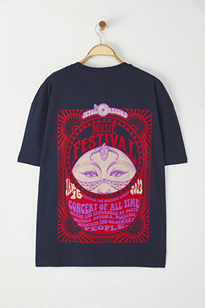 Trendyol Collection Uniszex sötétkék etnikai mintás túlméretes pamut póló - TMNSS23TS00212