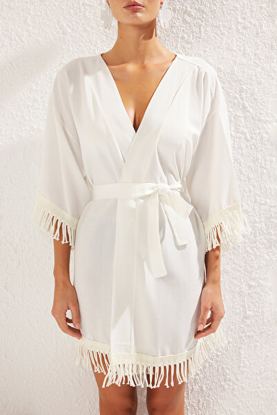 Trendyol Collection Ecru*001 Plain Short Woven 100% Other Fibers Kimono&Kaftan