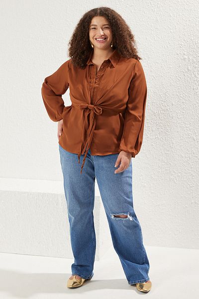 Trendyol Curve Brown Long Sleeve Waist Tie Detail Thin Woven Plus Size Shirt Tbbss25Ax00014