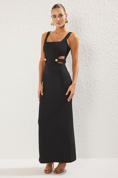 Trendyol Collection Schwarzes, gewebtes, langes, stilvolles Abendkleid mit Accessoire-Detail TPRSS25AE00079