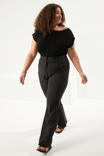 Trendyol Curve Black High Waist Wide Leg Striped Knitted Plus Size Pants Tbbss25Ar00012