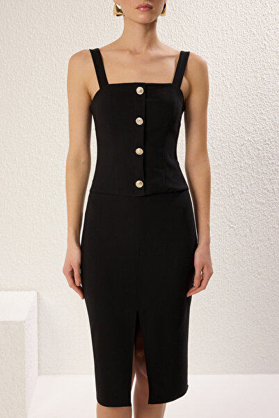 Trendyol Collection Black Body Wrap Button Detail Midi Woven Dress Twoss25El00265