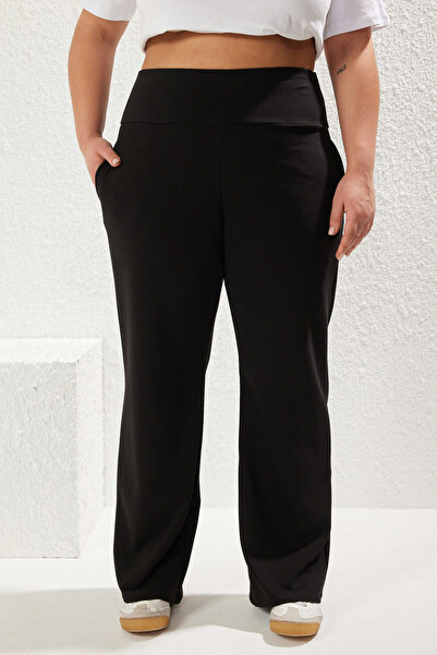 Trendyol Curve High Waist Wide Leg Black Plus Size Pants - Tbbaw25Ar00026