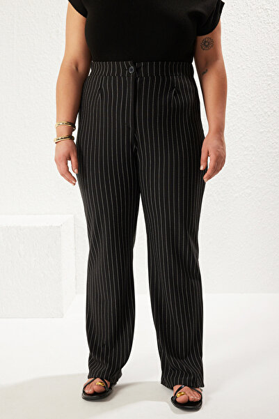 Trendyol Curve Black High Waist Wide Leg Striped Knitted Plus Size Pants Tbbss25Ar00012