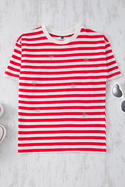 TRENDYOLKIDS Piros lány gyerek szívvel hímzett csíkos kötött póló TKDSS25TS00036