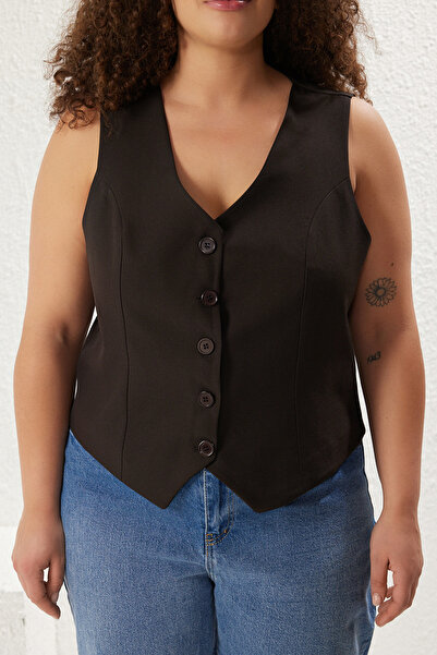 Trendyol Curve Καφέ υφαντό γιλέκο με κουμπιά TBBSS24BH00003