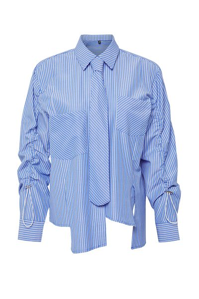 Trendyol Collection Limited Edition Blue Tie Detailed Striped Woven Shirt Twoss25Go00118