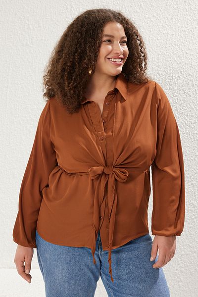 Trendyol Curve Brown Long Sleeve Waist Tie Detail Thin Woven Plus Size Shirt Tbbss25Ax00014