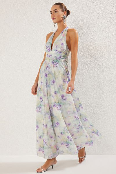 Trendyol Collection Mehrfarbiges, mit V-Ausschnitt gefüttertes, gestricktes Maxi-Abendkleid TPRSS25AE00047