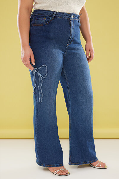 Trendyol Curve Detail mašle s vysokým pasem Wide Leg Plus Size Blue Jeans - Tbbss25Cj00007