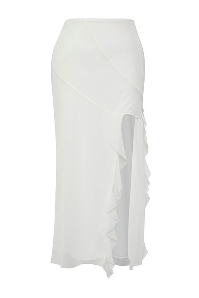Trendyol Collection Flexibler Midi-Strick-Tüllrock in limitierter Auflage mit Ecru-Schlitz und Rüschendetails TWOSS25ET00089