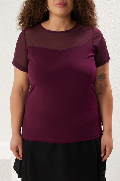 Trendyol Curve Plum Sweetheart Neckline Mesh Detail Knitted Blouse Tbbss24Af00046
