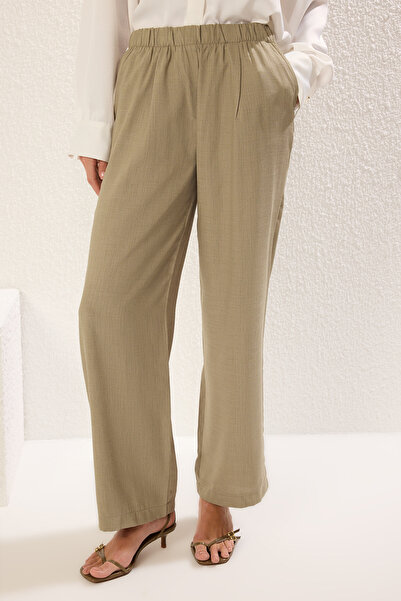 Trendyol Collection Khaki Color Wide Leg Linen Woven Trousers - Twoss25Pl00084