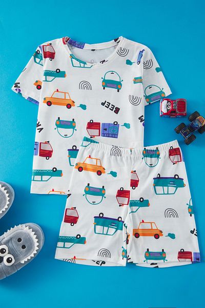 TRENDYOLKIDS Ecru chlapčenské auto s potlačou Crew Neck Pletený vrchný a spodný pyžamový set TKDSS25PT00004