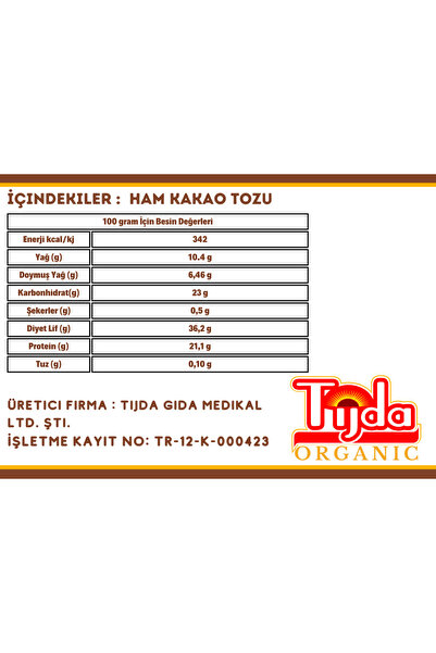 TİJDA Organik Ham Kakao Tozu Glütensiz - Vegan 1 Kg