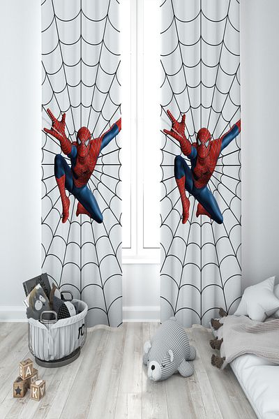 MASAL ODAM BABY AND KIDS ROOM Net and Spiderman Patterned 2 Wing Background Curtain