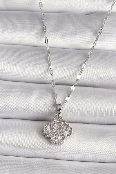 Clariss 316l Steel Silver Color Zircon Stone Clover Model Women's Necklace
