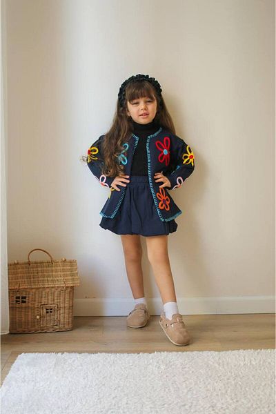 Narin kids Festive Flower Detailed Girl's Bottom and Top Set with Cardigan Skirt