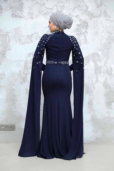 Neva Style Cape Navy Blue Hijab Evening Dress 4863L