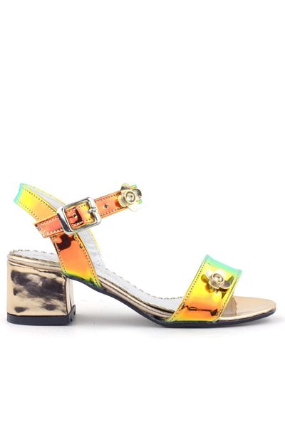 hapshoe Pony Hologram Copper Green Thick Heeled Flower Detailed Girls' Evening Dress Shoes