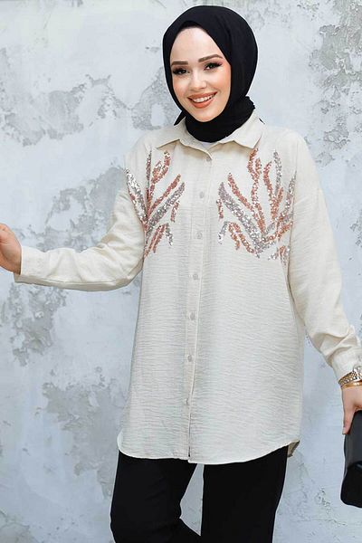 Neva Style Cămașă Hijab cu piatră brodată cu margele 4526TAS