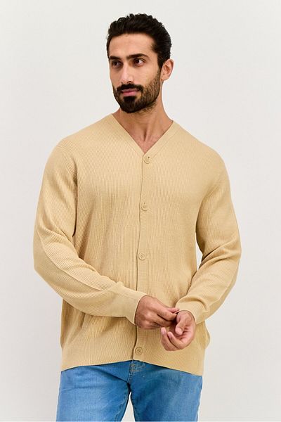 Esprit Men V Neck Knitted Cardigan, Beige