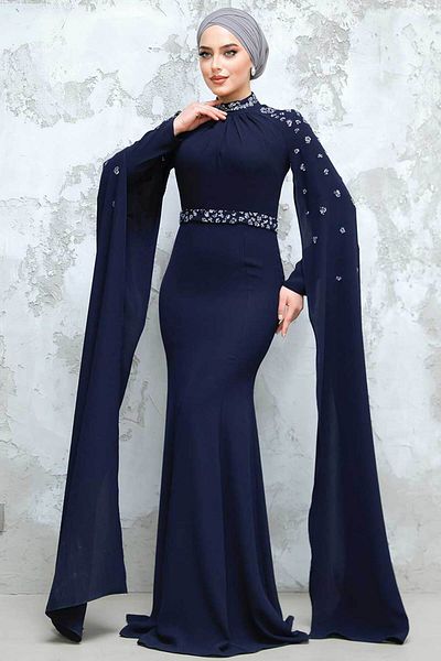 Neva Style Cape Navy Blue Hijab Evening Dress 4863L