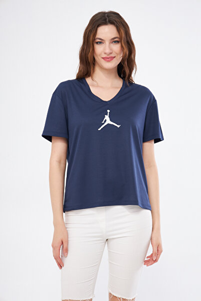 YÜKSEL IŞIK Námořnicky modré sportovní tričko s potiskem do V