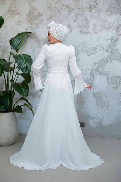 Neva Style - White Hijab Evening Dress with Tail 4986B