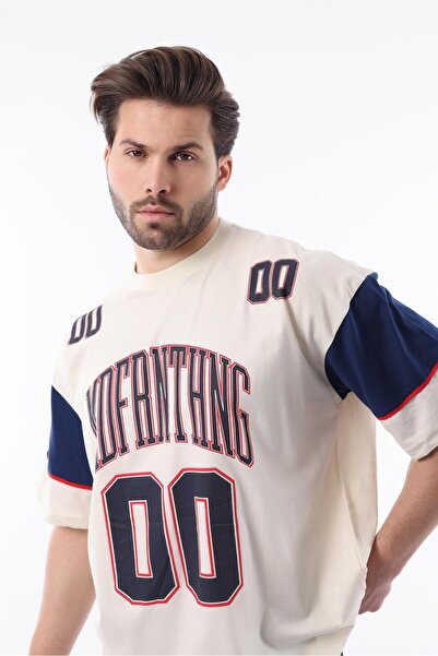 Madmext Ecru Printed Cotton Oversize Men's T-Shirt 7035