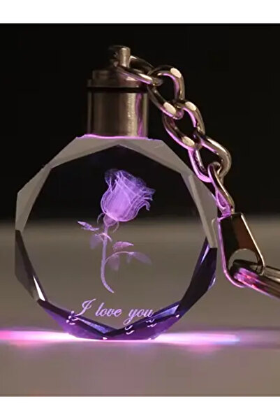 moryconcept I Love Yazılı Güllü figürlü kristal cam anahtarlık ışıklı