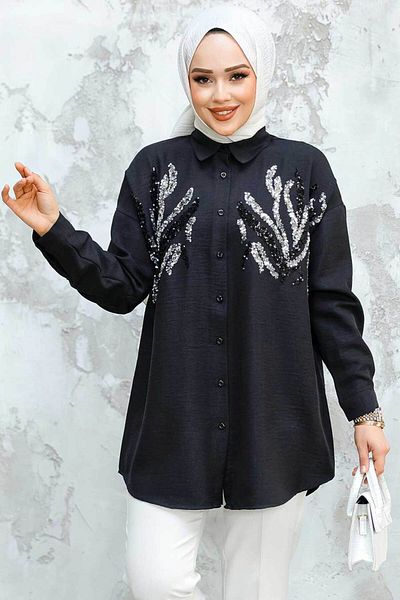 Neva Style Cămașă neagră cu hijab brodat cu margele 4526S