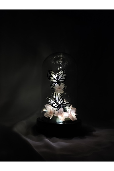 Kibele Sanat Dekoratif Toz Pembe Bahar Çiçekli Beyaz Kelebek Teraryum Fanus, ...