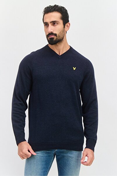 Lyle & Scott سترة رجالي ذات ياقة مدببة وشعار مطرز، أزرق داكن