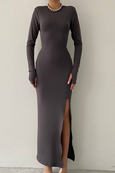 bayansepeti Füme Sandy Kumaş Sırtı Büzgü ve Bağlama Detaylı El Geçmeli Uzun Kollu Midi Abiye Elbise 328