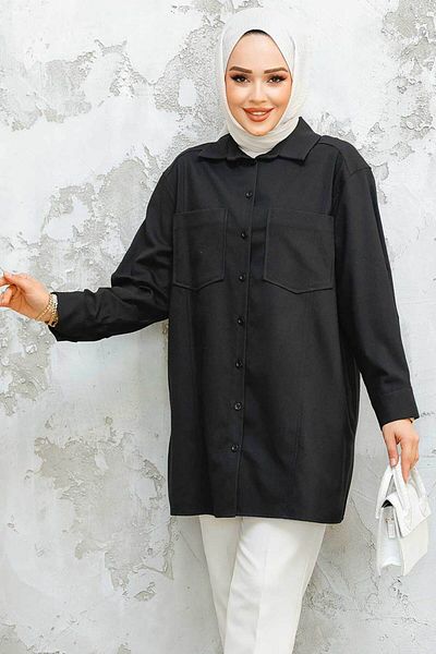 Neva Style Cămașă neagră cu nasturi Puane 10564S