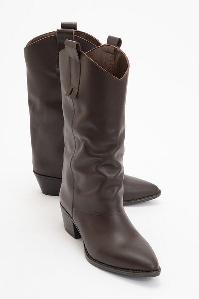 LuviShoes Κοντές μπότες SOJO Brown Skin από γνήσιο δέρμα με χοντρό τακούνι