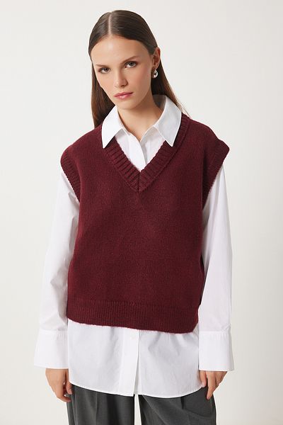 Lovelyİstanbul Burgundy V-Neck Knitwear Sweater - Lpf0065