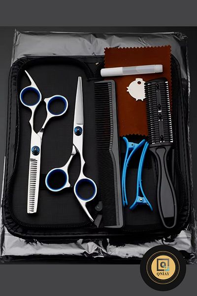 QNİAY 10 Pieces 6Inch Grey Ultra Professional with Leather Bag Barber Hairdresser Hair Beard Mustache Scissors Set