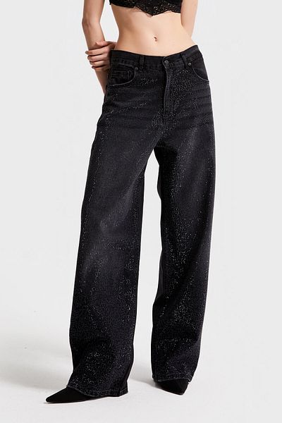 its basic T12S5-1 Black Denim with Shiny Stones - Loose Midrise Fit