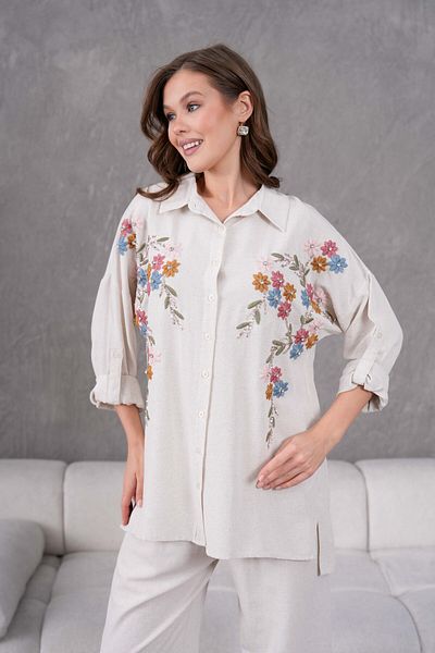 MVStore Women's Floral Print Embroidered Stone Detailed Linen Oversize Shirt