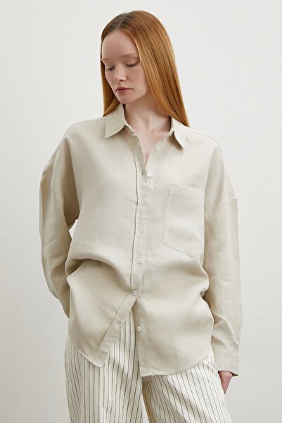Never more Stone-Colored Linen Shirt - Robe and Pocket