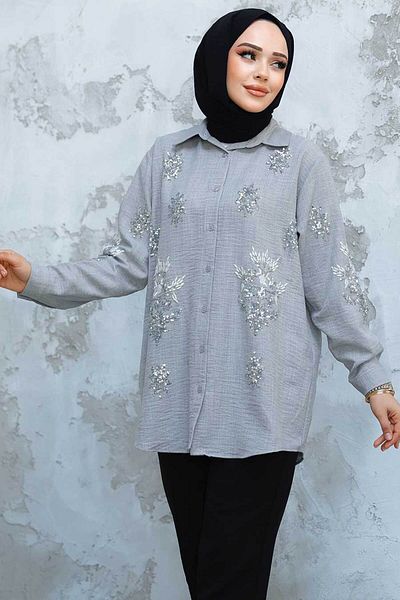 Neva Style Cămașă Hijab Gri Brodată cu margele 45270GR